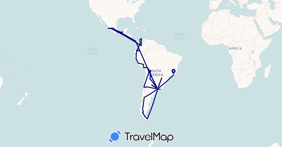 TravelMap itinerary: driving in Argentina, Bolivia, Brazil, Chile, Colombia, Ecuador, Mexico, Panama, Peru, Uruguay (North America, South America)